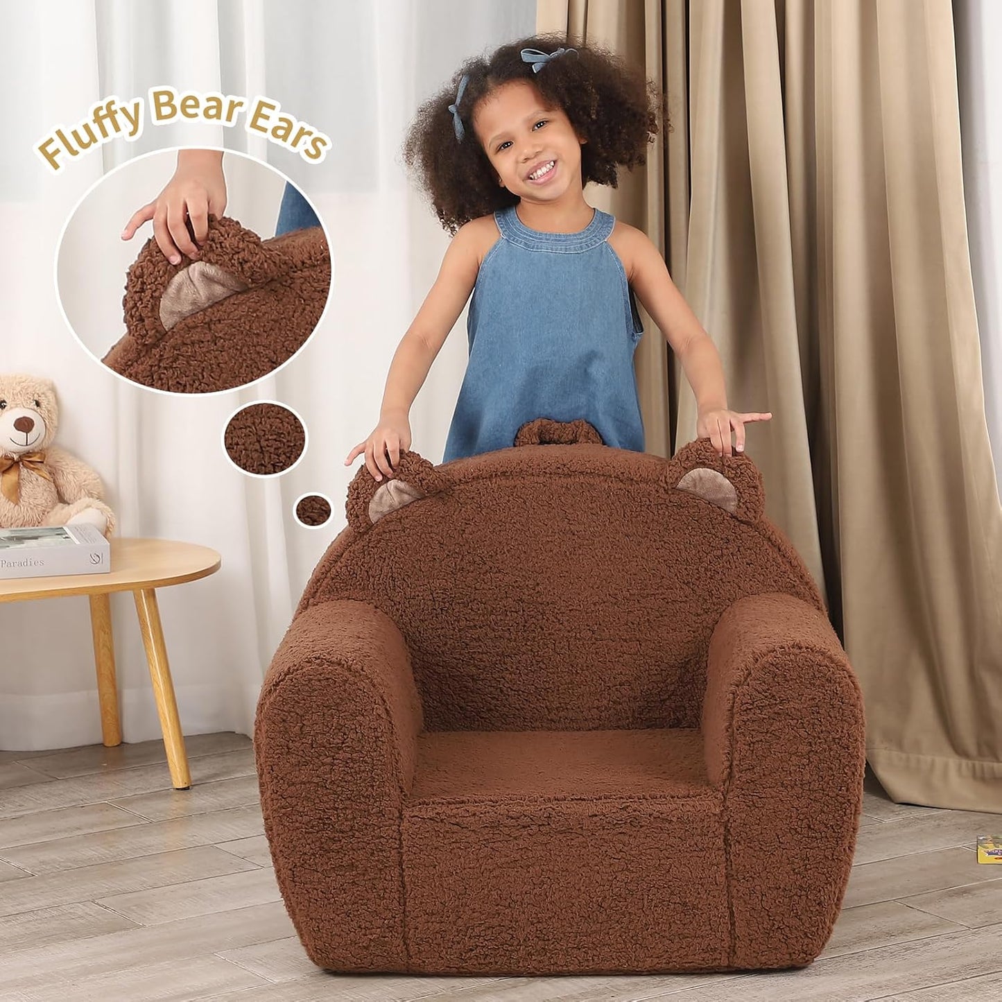 Comfy Toddler Chair, Cuddly Sherpa Teddy Bear Kids Sofa, High Back Kids Reading Chair for Boys and Girls, Brown