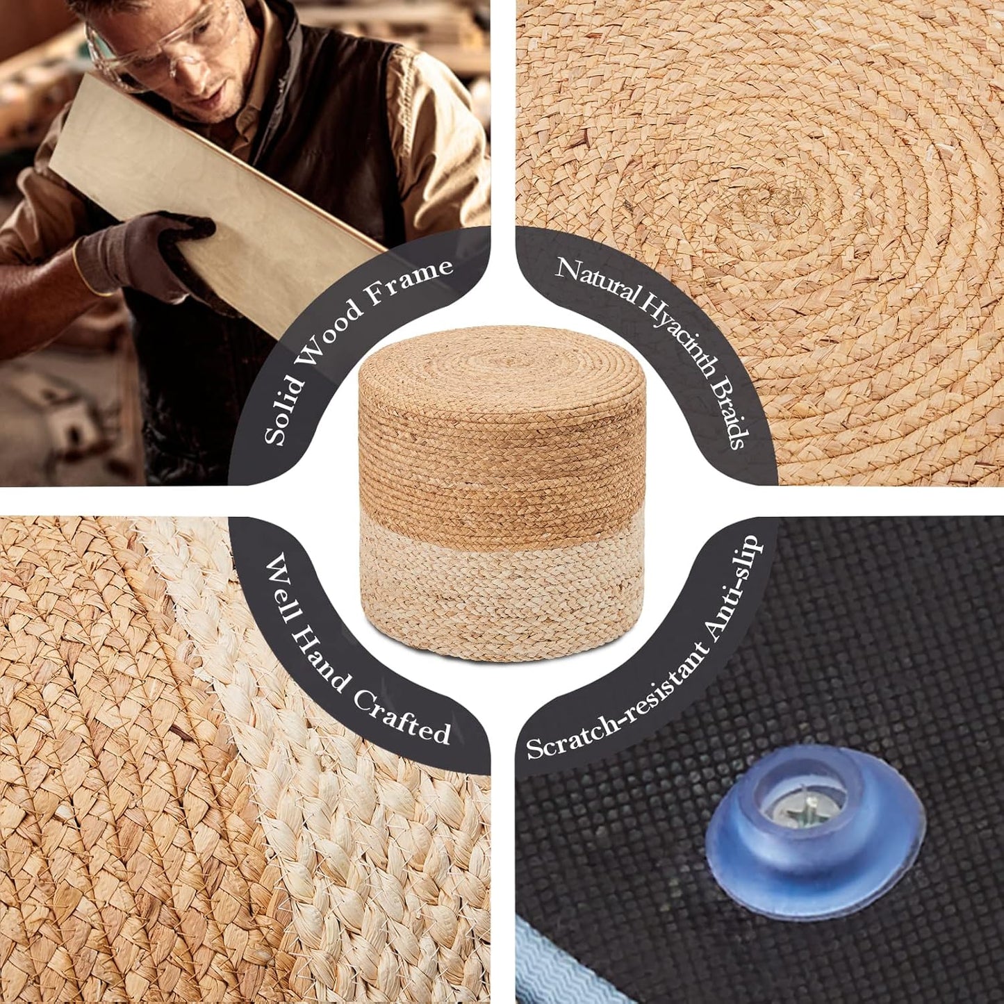 Wimarsbon 18'' Pouf Ottoman, Natural Braided Poof, Round Poufs, Rustic Handweave Lounge Pouffe, Boho Footrest Stool for Bedroom, Accent Table or Seat for Patio, Living Room