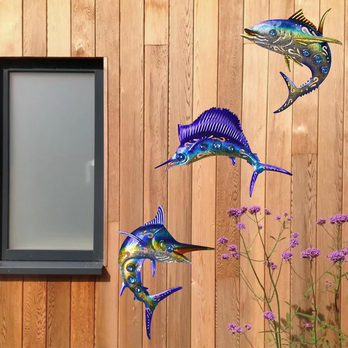 Metal Fish Wall Art Decor, 3-Piece Marlin Tuna Swordfish Set, Blue and Gold Tropical Ocean Theme Outdoor Wall Decor for Patio Garden Yard, Decorative Hanging Sculptures