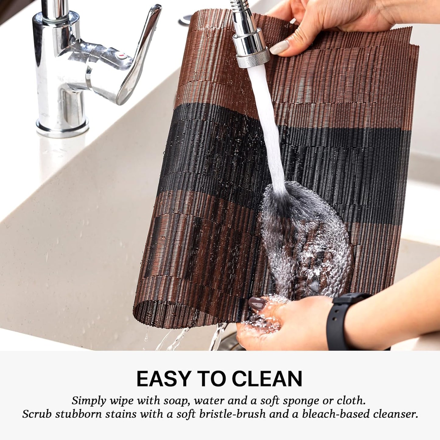 LEXMORE Placemats Set of 6 Vinyl/Plastic Woven Place Mats for Kitchen Table Indoor/Outdoor Washable Placemat Wipeable Dining Table Mats(Ombre Brown Black)