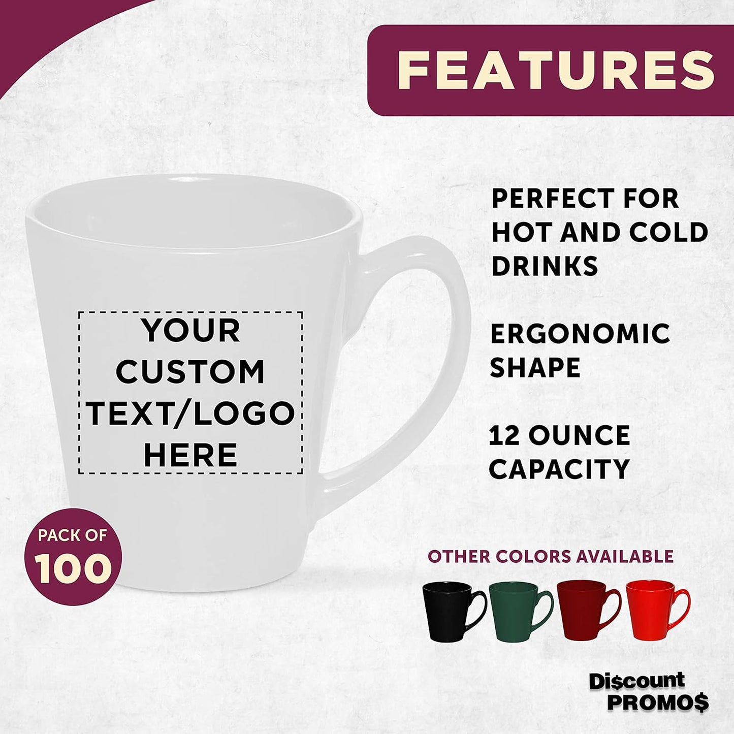 DISCOUNT PROMOS Custom Glossy Ceramic Latte Coffee Mug 12 oz. Set of 100, Personalized Bulk Pack - Perfect for Tea, Espresso, Cappuccino, Hot Cocoa - White