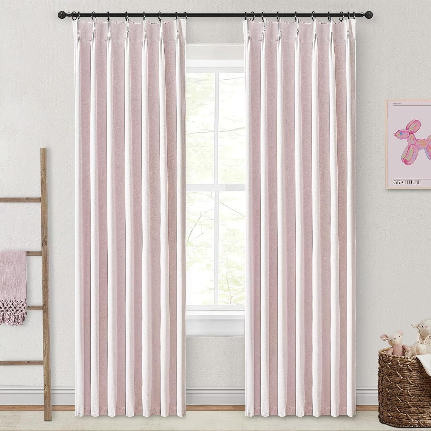 Soft Pink Kawaii 90 Inch Blackout Curtains for Bedroom Girls 2 Panels Set, Pinch Pleated Linen Blend Cooling Window Curtains & Drapes to Keep Heat Out for Kids/Baby Room/Pink Nursery Back Tab