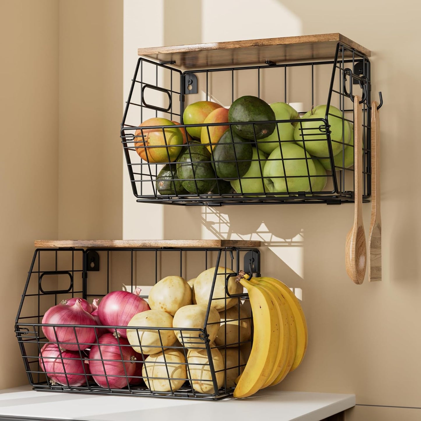 Delamu 2-Pack Stackable Metal Fruit Basket with Wood Lid-Wall Mounted & Countertop Organizer for Kitchen,Pantry- Ventilated Storage for Onions,Potatoes,Fruits,Spices (12"x 8"x 8-5/16")