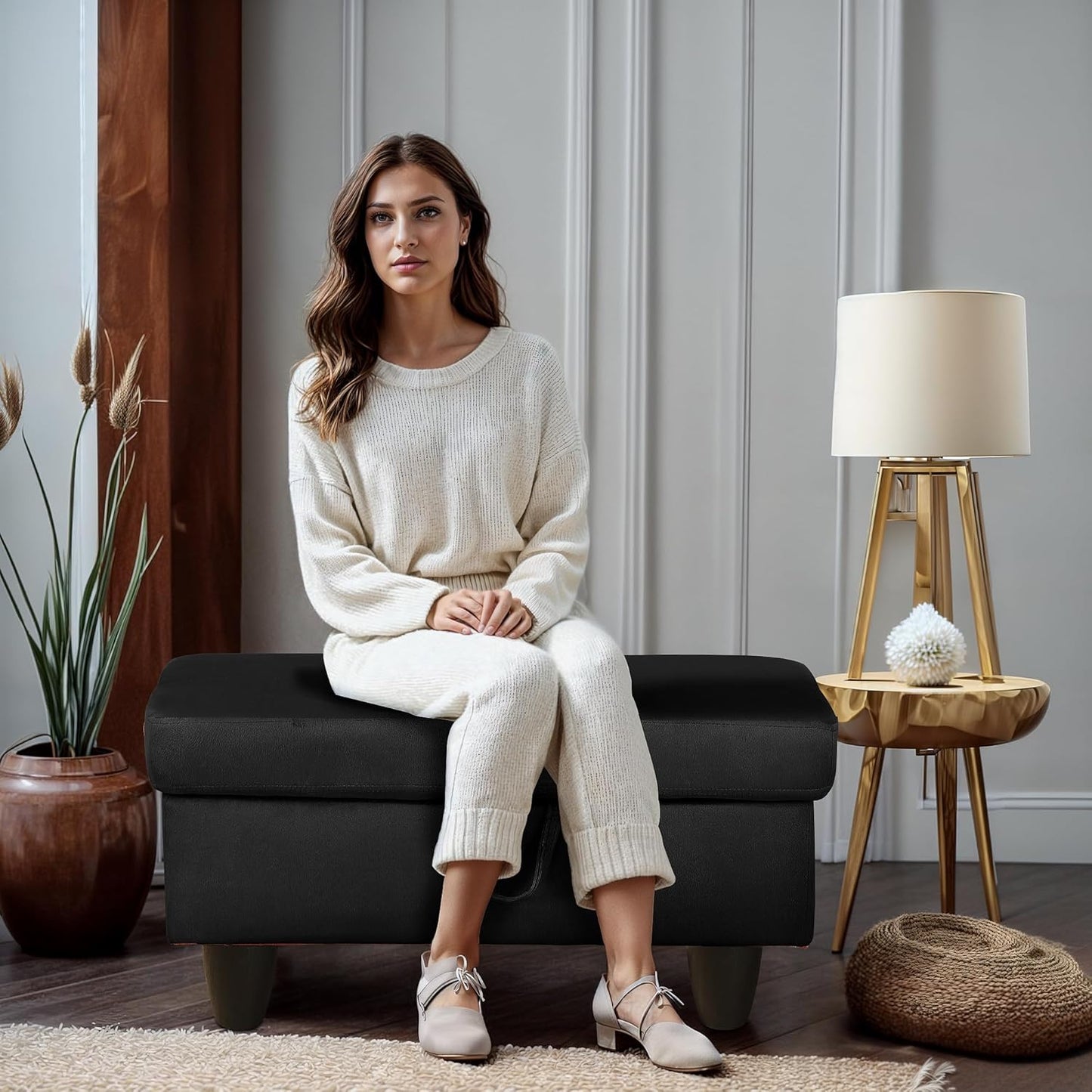 Ottoman Rectangular Storage Ottoman Bench, Flannel Footrest Stool Footstool with Lid for Living Room, Bedroom, Entryway, Black, 28.5"x19"x17.5"