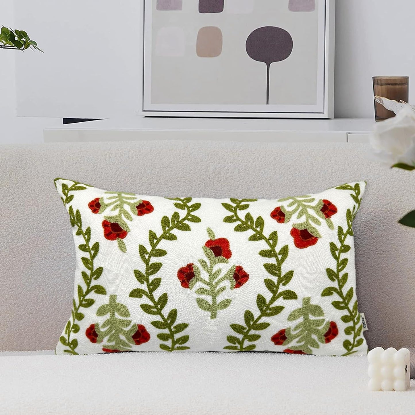 Alysheer Floral Embroidered Summer Lumbar Decorative Throw Pillow Cover 12"x 20", Farmhouse Cottage Red Flowers Green Leaves Patterned Cotton Canvas Cushion Case for Sofa Couch Bed Living Room Decor