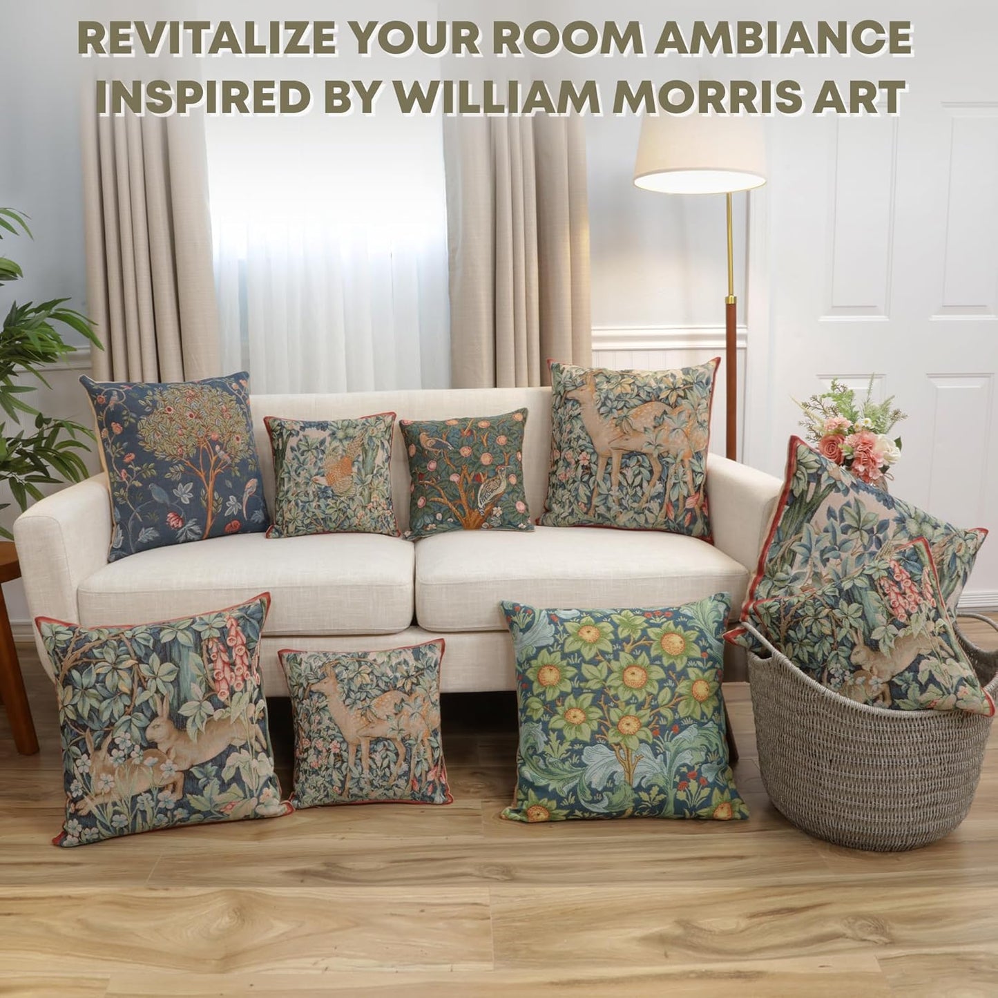 Charlotte Home Furnishings Decorative Tapestry Pillow Cover 14x14 in, Green Two Does Couch Throw Pillow Cover, French Country Square Cushion Cases for Bed Room Home Decor, Soft Cotton Jacquard Woven