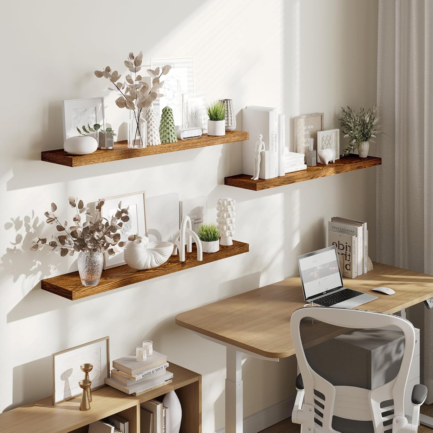 BAMEOS Floating Shelves,40 in W x 8in D Wall Mounted Wooden Shelves with Invisible Brackets Set of 3, Hanging Wall Shelves Decoration for Bedroom, Bathroom, Living Room and Kitchen