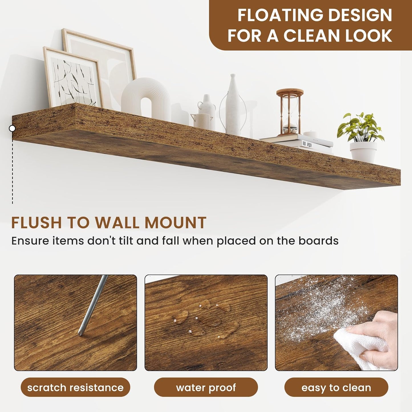 fuqing Floating Shelves for Wall, Bathroom Shelf Wall Mounted for Storage, Shelves with Invisible Bracket for Bedroom, Kitchen, Living Room, Farmhouse Small Book Shelf, 55 Inch Set of 2, Rustic Brown
