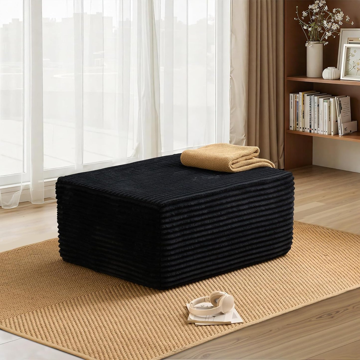 HOOOWOOO Cloud Sectional Couch for Living Room,Modular Sectional Sofa No Assembly,Matching Plush Corduroy Ottoman(Black)