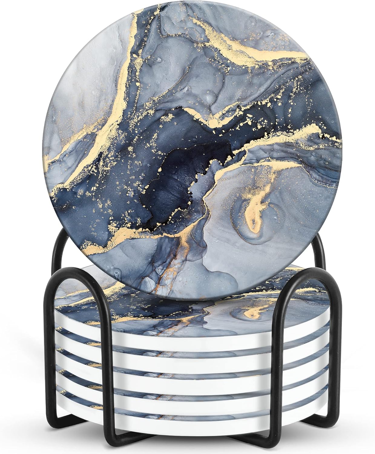 Emerson Coasters for Drinks Absorbent – Saucers Coffee Table Set of 6 with Holder, Wooden Tabletop Protection Marble Style 100% Ceramic - Non-Slip & Cork Bottom - Heavy Duty Drink Coasters (Riptide)