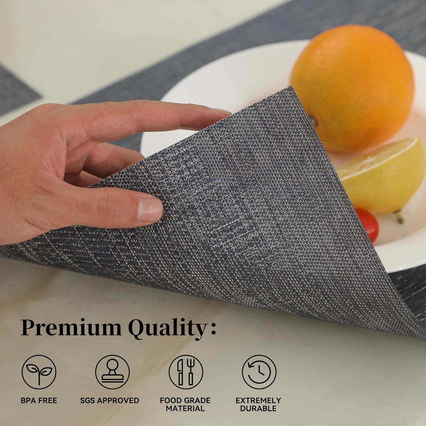 Leetaltree Denim Blue Placemats Set of 6 - Heat Resistant Non-Slip Place mats for Dining Table, Washable Durable PVC Vinyl Woven Table Mats（Denim Blue, 6）