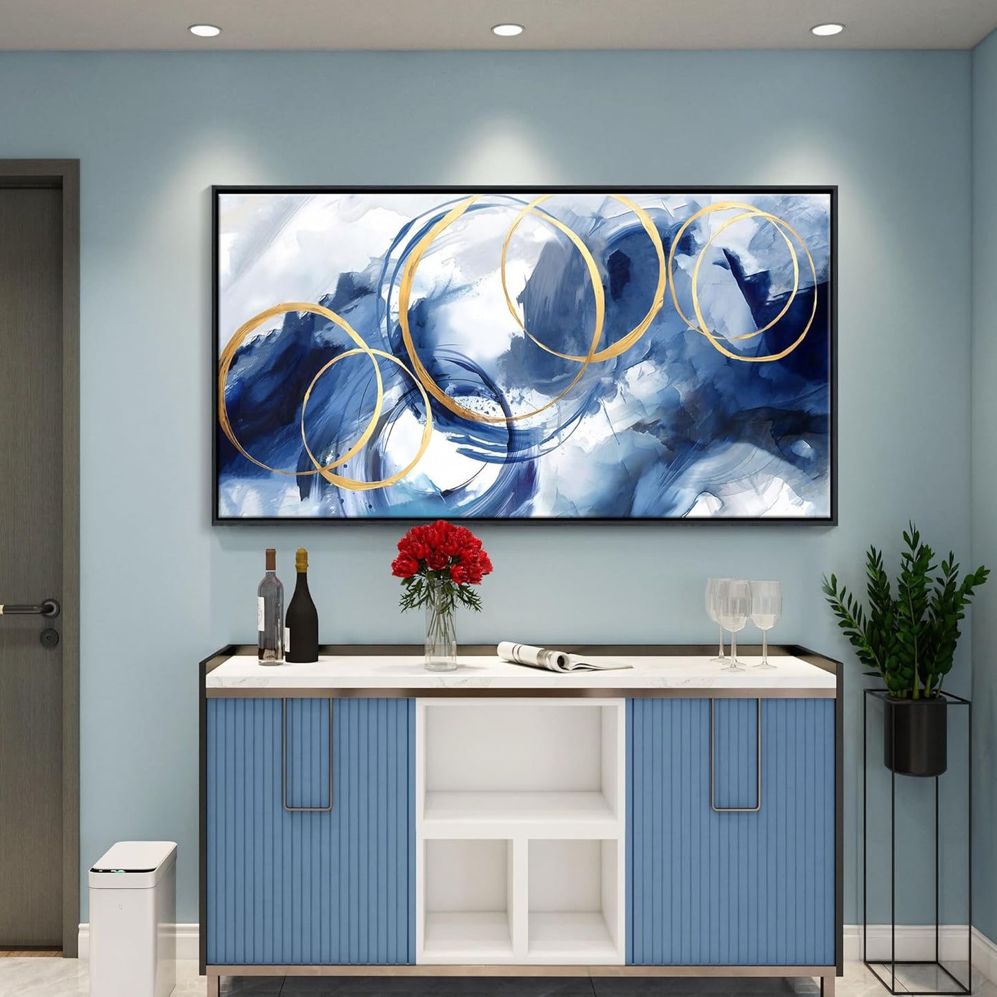 AJAZIKO Large Framed Canvas Wall Art Blue Abstract Wall Art Pictures for Living Room Bedroom Kitchen Office Decor 29x58 In Navy Gold Modern Paintings