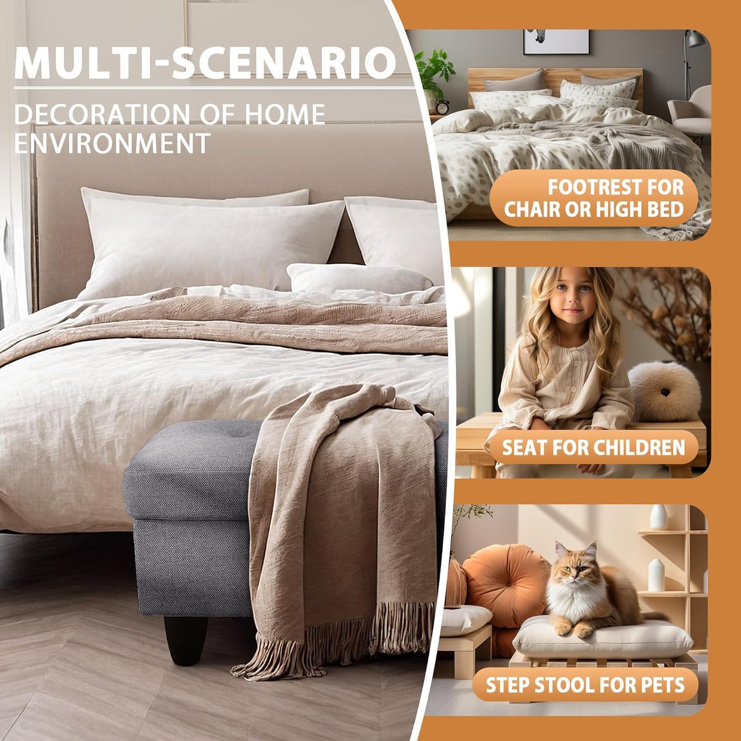 Ottoman Rectangular Storage Ottoman Bench, Flannel Footrest Stool Footstool with Lid for Living Room, Bedroom, Entryway, Gray, 28.5"x19"x17.5"