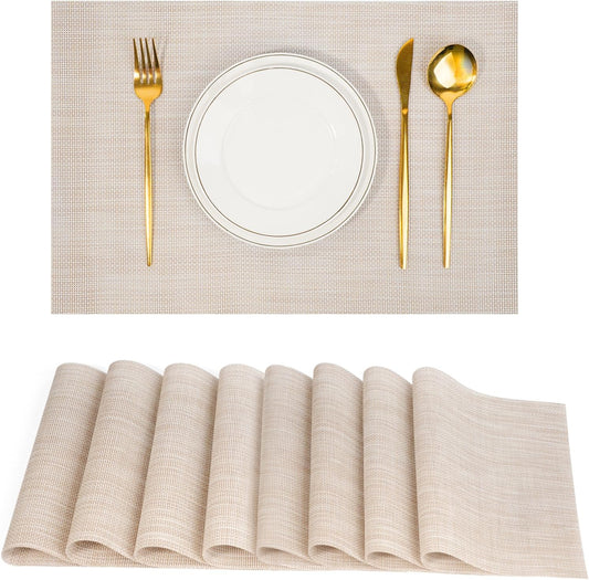 Placemats Set of 8，Non-Slip PVC Weave Table Mats Easy to Clean，Heat Resistant Place Mats for Kitchen Dining Table Decoration Indoor Outdoor，Beige White