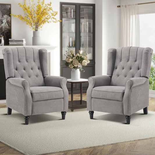 EBELLO 2 Pcs Pushback Recliner Chairs, Fabric Armchair Push Back Recliner with Rivet Decoration, Single Sofa Accent Chair for Living Room, Bedroom, Grey