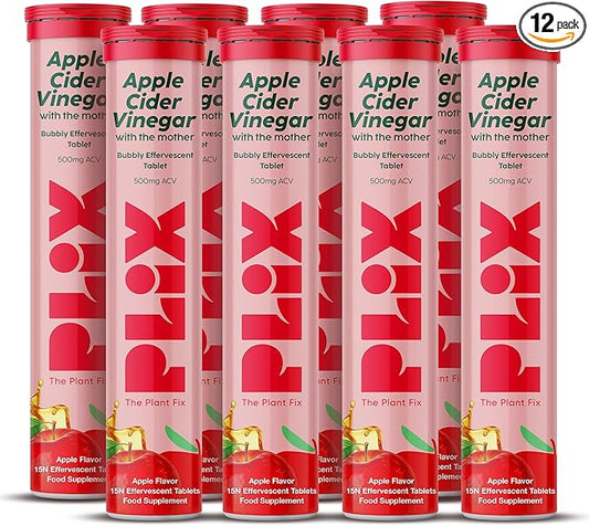 PLIX THE PLANT FIX Apple Cider Vinegar Effervescent Tablets with The Mother, 700mg ACV with VIT B12, B6, Pack of 12 |Vegan, No Added Sugar, Non-GMO & Gluten-Free