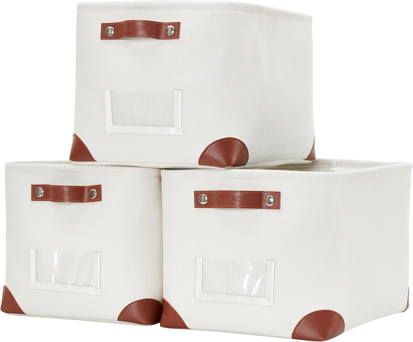 DECOMOMO White Storage Bins Fabric Storage Baskets for Shelves & Linen Closet Organization (Creamy White W/Label holder, Large - 3 Pack)