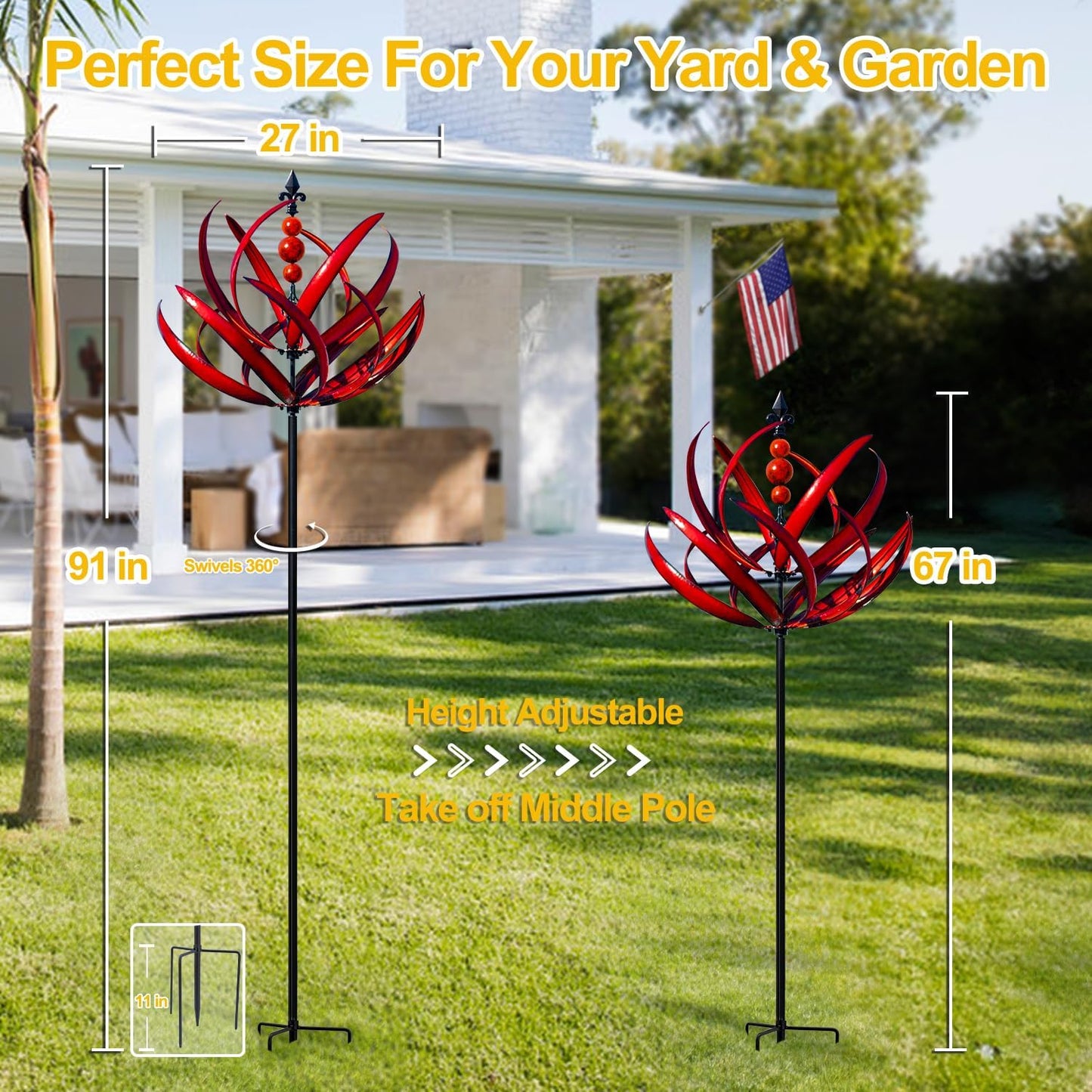 LimeHill Wind Spinner for Garden and Yard - Large Metal Kinetic Wind Sculptures for Outdoor Decor (91 Inches, Burgundy Lotus)