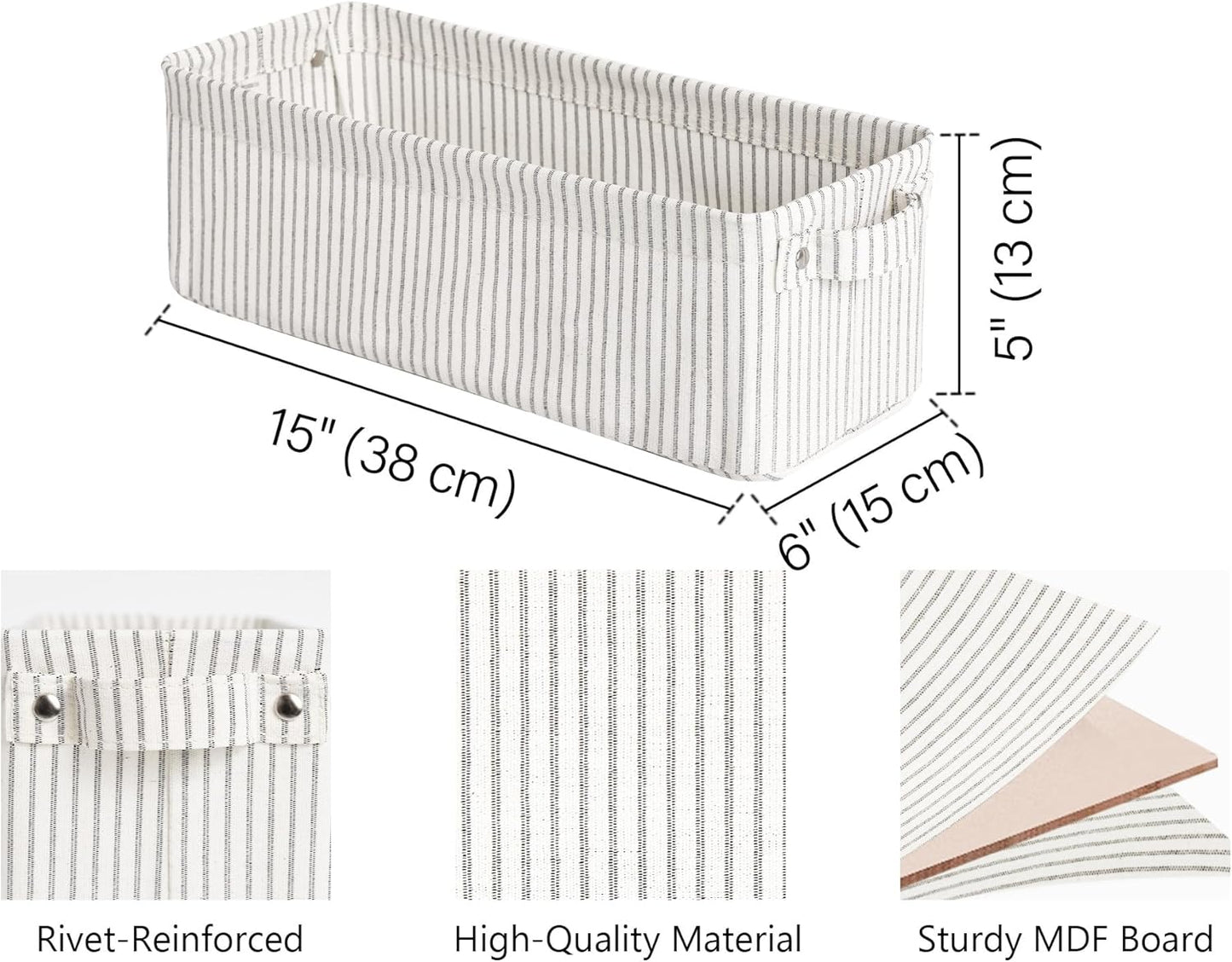 StorageWorks Narrow Storage Bins, Small Basket for Closet and Shelves, Fabric Organizer with Handles, Toilet Paper Storage, Gray and White Stripes, 2-Pack