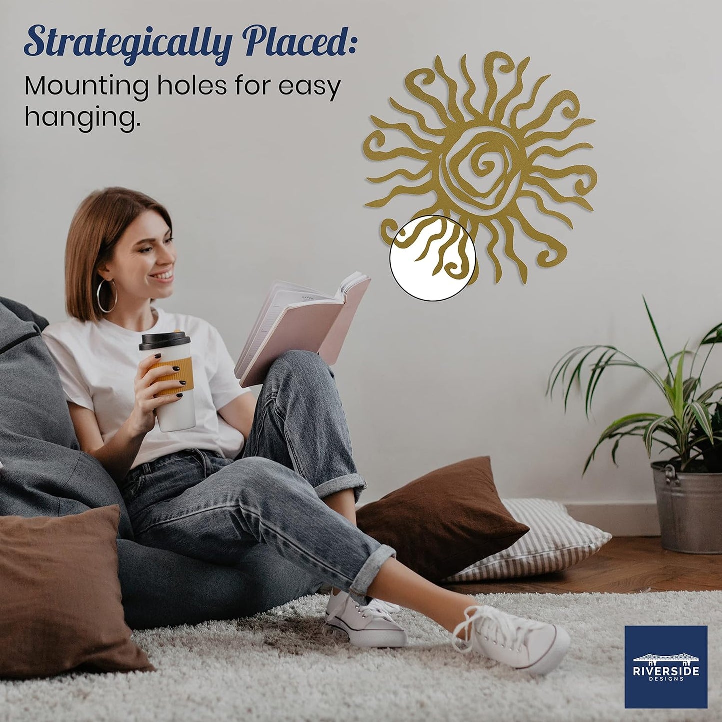 Riverside Designs Wacky Sun Metal Wall Art Indoor/Outdoor Decor - 24" Gold Rust Proof Wall Sculpture - Made in USA - Ideal for Bedroom, Garden, Home, Patio and Farmhouse