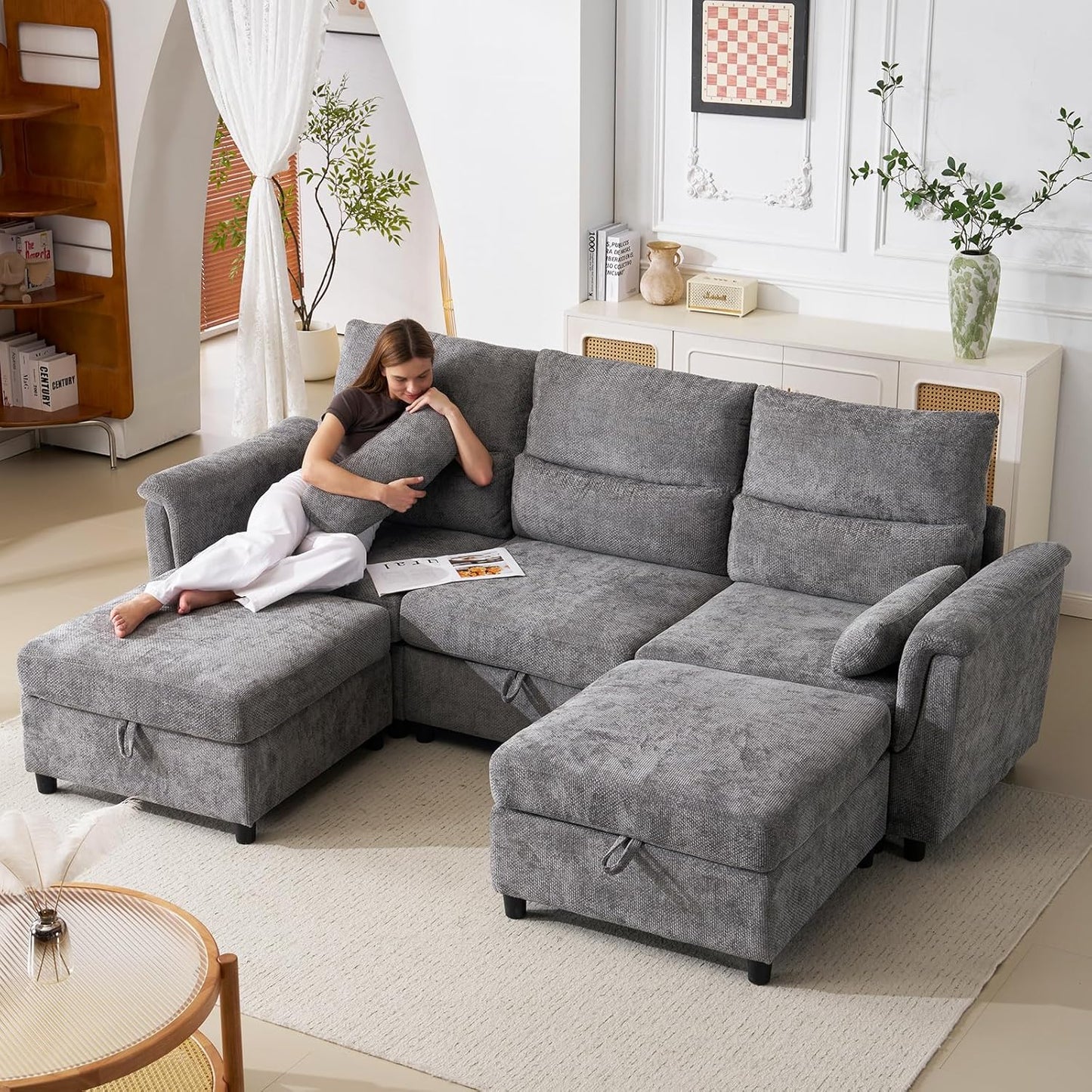 103''U Shaped Modular Sectional Sofa, Comfy Cloud Sectional Couch with Storage Ottoman, Chenille Deep Seat Modern Modular Sofa with 2 Throw Pillows for Living Room,Grey