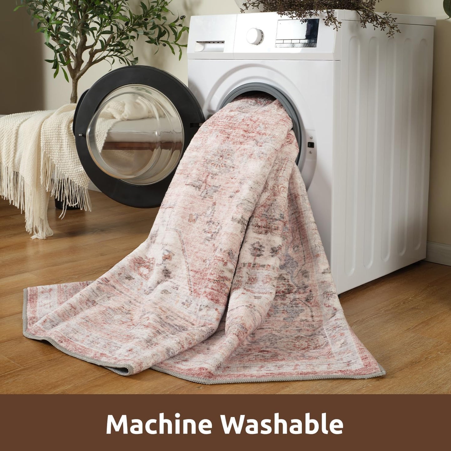 AMOAMI-2X10 Runner Rug-Washable Runners for Hallways-Soft Non Slip Bedside Rugs for Bedroom-Vintage Long Rug for Hallways Entryway Laundry Room Stair Kitchen Bathroom Pink