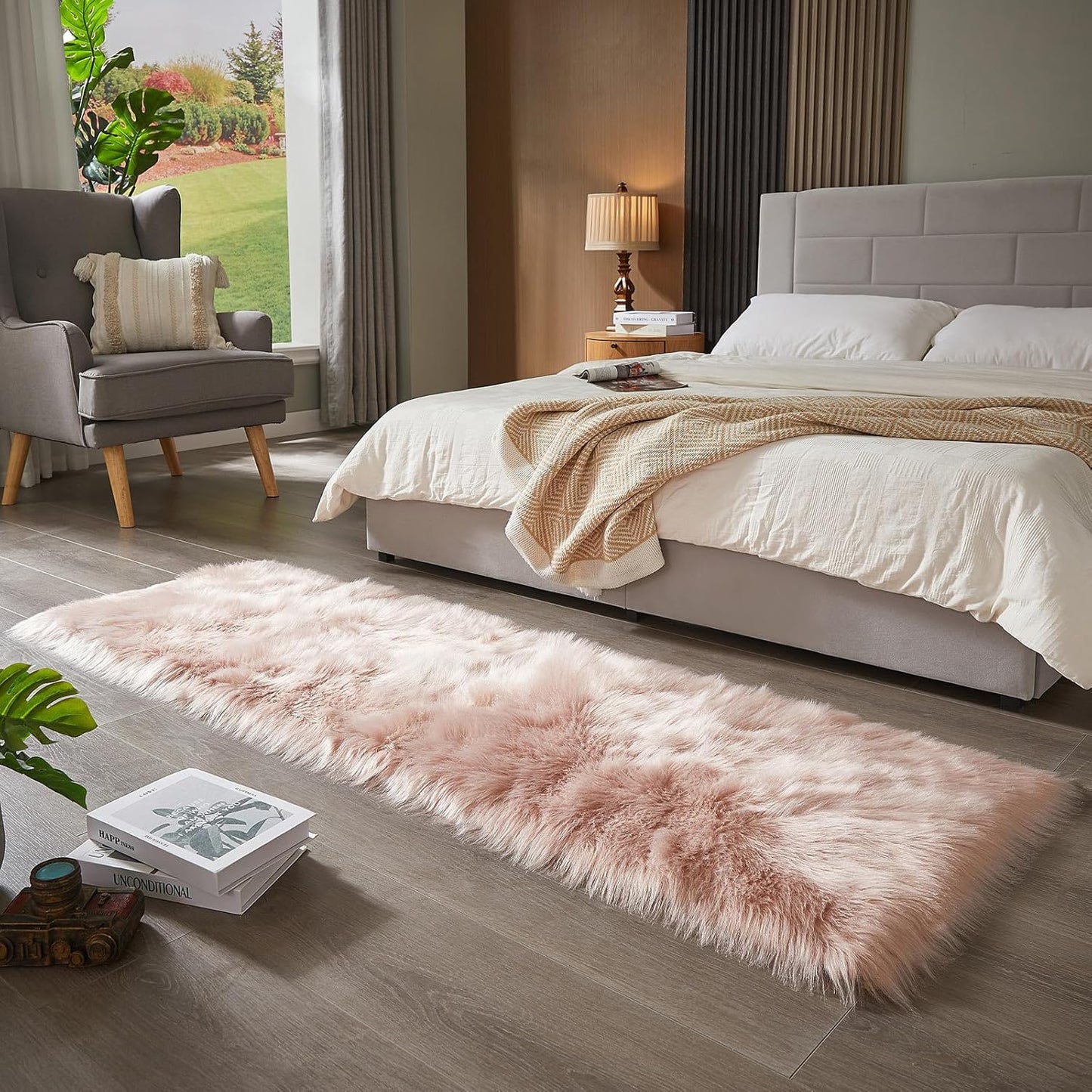 AMTOVO Faux Fur Rug, Pink Ultra Soft Fluffy Shag Sheepskin Rug, 2 x 6 ft Runner Area Rugs for Bedroom Sofa Throw Cushion Room Decor, Rectangle
