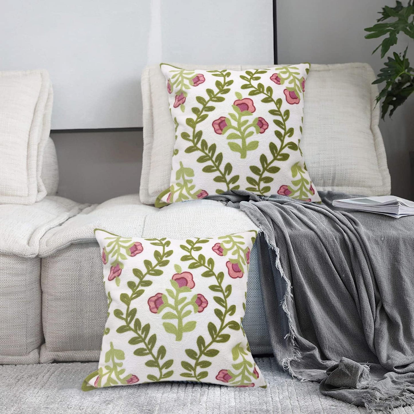 Alysheer Floral Embroidered Summer Decorative Throw Pillow Covers 18"x 18" Set of 2, Farmhouse Cottage Pink Flowers Green Leaves Knit Pattern Cotton Canvas Cushion Case for Sofa Couch Bed Living Room