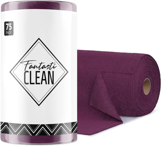 Fantasticlean Microfiber Cleaning Cloth Roll -75 Pack, Tear Away Microfiber Towels, 12" x 12", Reusable, Washable, Scratch Free, Ultra Absorbent Dish Rags for Car, Home, Garage or Shop (Dark Purple)