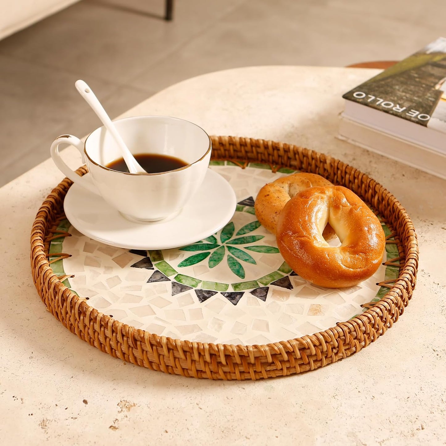 Round Rattan Tray with Mother of Pearl Inlay & Wooden Base - Decorative Wicker Serving Tray for Coffee/Bread/Fruits, Food Storage & Display - Multipurpose Home Decor (M,Bohemia)
