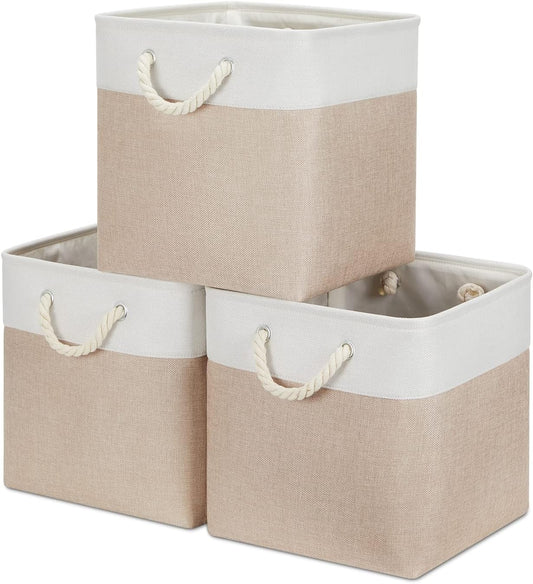 Bidtakay Fabric Storage Baskets for Organizing Beige 13 Inch Collapsible Square Baskets 3 Pack Organization Bins Large Cube Storage Bins Closet Baskets for Shelves Clothes