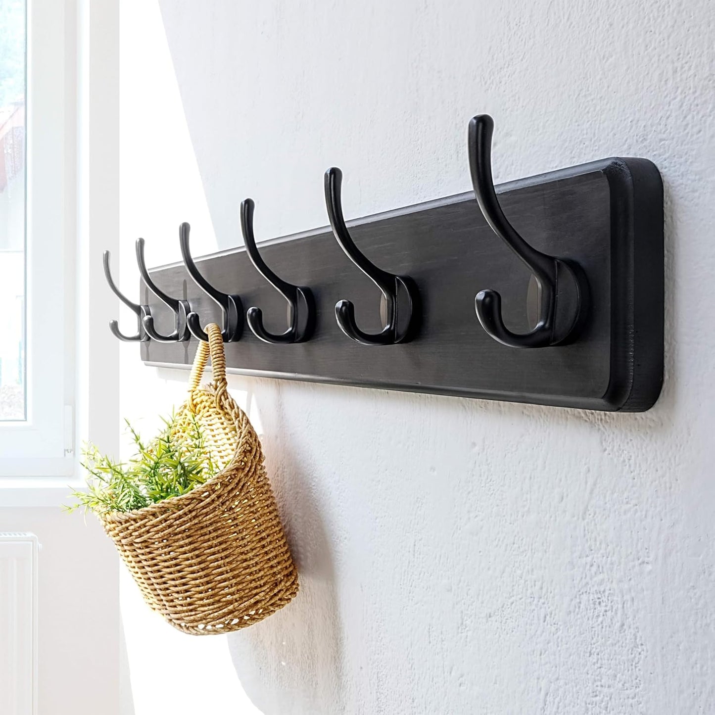 Dseap Wall Mounted Coat Rack: 24" Long, Patented, Heavy-Duty, 6-Double-Hooks Wooden Hanger Rail for Winter Coats, Hat, Jacket, Clothing - Black, Pack of 2