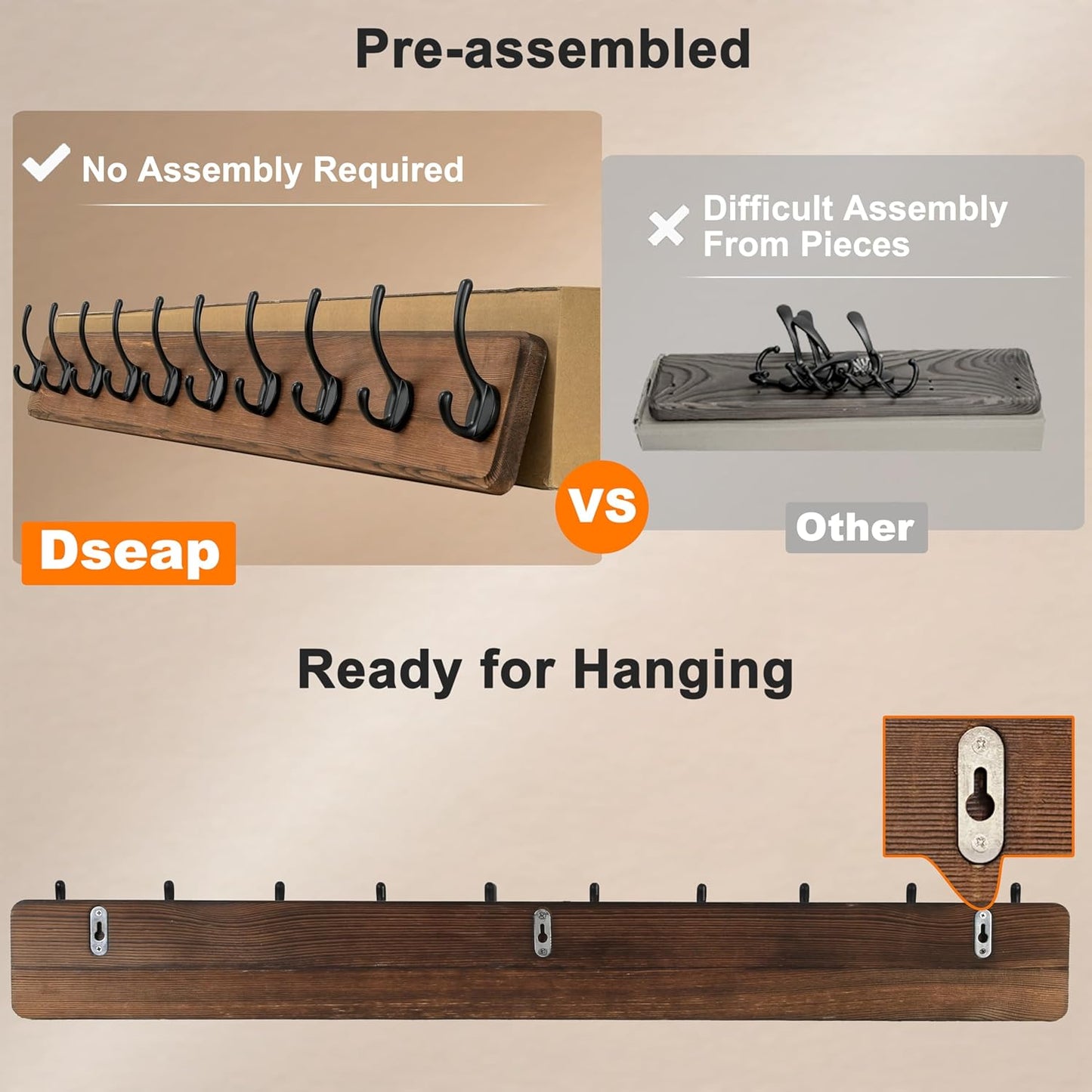 Dseap Coat Rack Wall: 38-1/4" Long, Patented, Heavy-Duty, 10-Double-Hooks Wooden Wall Mounted Coat Rack Coat Hanger Hook Rail for Winter Coats Hat Jacket Clothing, Light Brown