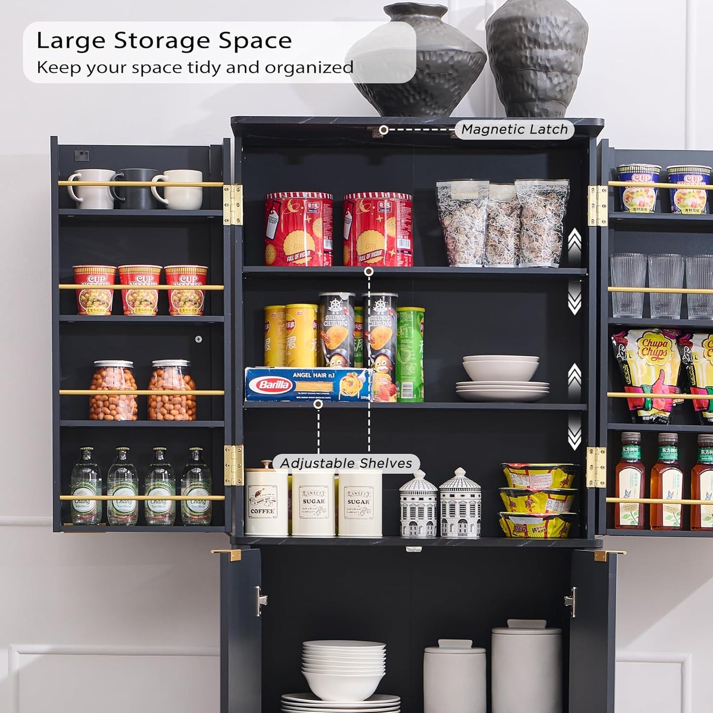 OKD Fluted Kitchen Pantry, 72" Tall Mid Century Modern Storage Cabinet with Adjustable Shelves & Door Organizer, Wood Cabinet for Kitchen, Living Room, Dark Grey