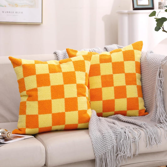 Alysheer Checkered Embroidered Decorative Throw Pillow Covers 18"x 18" Set of 2, Farmhouse Boho Orange Yellow Plaid Tufted Patterned Cotton Canvas Cushion Case for Sofa Couch Bed Living Room Outdoor