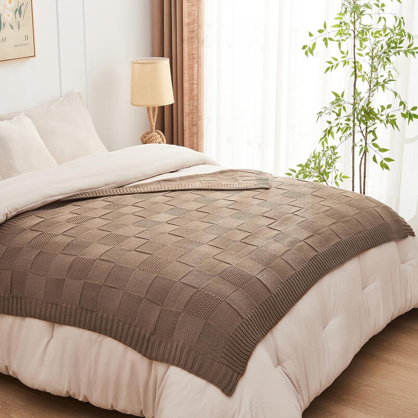 CozeCube Check Knit Throw Blanket, Light Brown Checkered Throw for Couch, Decorative Christmas Soft Cozy Warm Knitted Blanket for Bed Sofa Living Room, 50"X60"