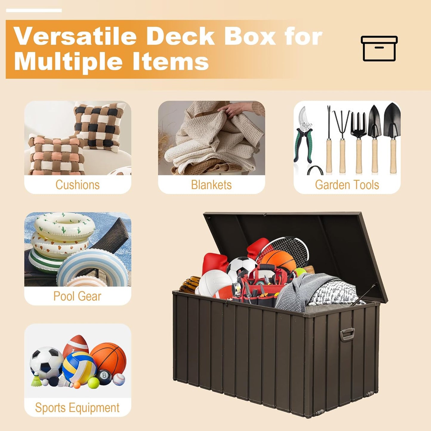 Domi 160 Gallon Deck Box, Outdoor Metal Lockable Storage Cabinet, Waterproof Steel Outdoor Bench with Lockable Lid, Side Handles & Rolling Casters for Outside Cushions, Pillows, Garden Tools, Brown