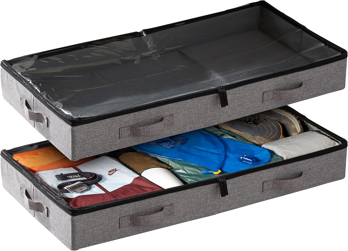 storageLAB Under Bed Storage Containers, Low Profile Underbed Organizers with Sturdy Handles, Dual Zippers, and Clear Windows, Ideal for Clothes, Pillows, and Blankets - 2 Pack, Low Profile, Gray