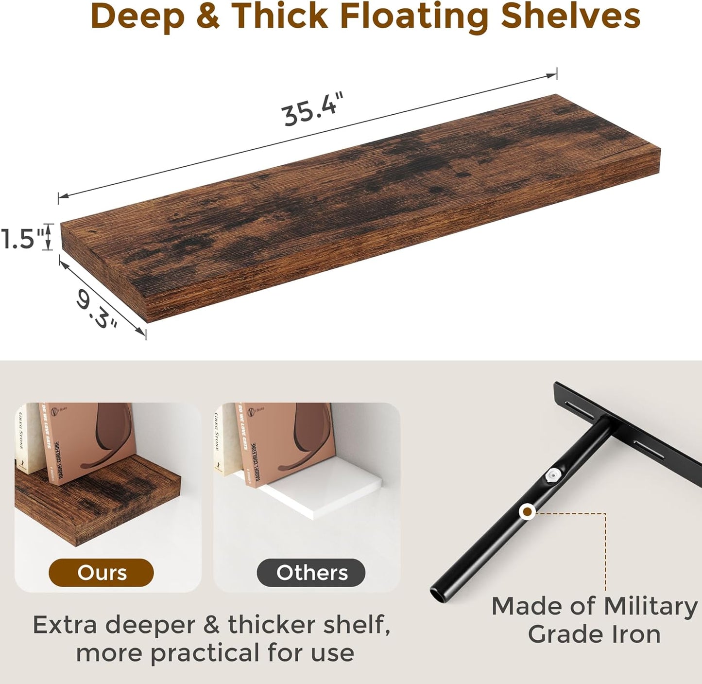 Fun Memories Rustic Wood Floating Shelves for Wall, 36 x 9 Wall Shelves Set of 2, Deep Floating Shelf for Kitchen, Living Room Storage & Display, Deep Wooden Bookshelf, Rustic Brown Color
