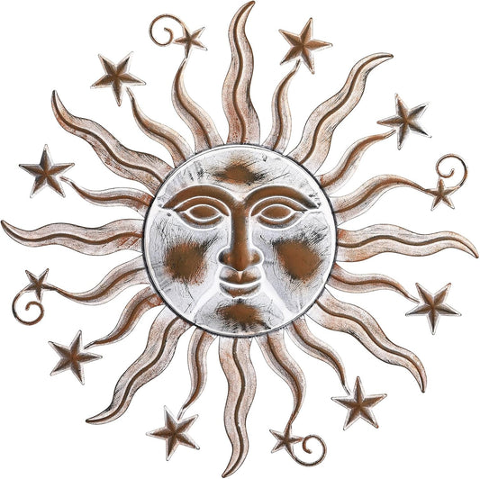 TICKCACY Metal Sun Wall Art Sculpture Decor, 23.8” Vintage Sun and Star Wall Hanging Decoration for Indoor Outdoor Living Room Farmhouse Yard Garden Patio