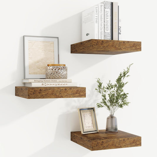fuqing Floating Shelves for Wall, Bathroom Shelf Wall Mounted for Storage, Shelves with Invisible Bracket for Bedroom, Kitchen, Living Room, Farmhouse Small Book Shelf, 6.5 Inch Set of 3, Rustic Brown