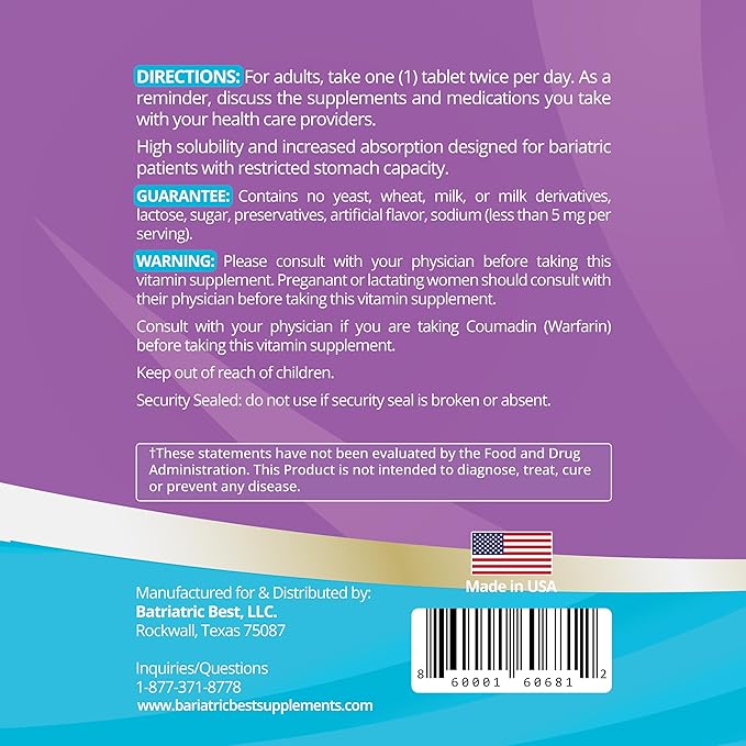 High A D E K Bariatric Multivitamin for Post DS/SADI Surgery, 25 Essential Nutrients for Post-Weight Loss Surgery, 60 Tablets, Meets ASMBS Guidelines for Bariatric Bypass