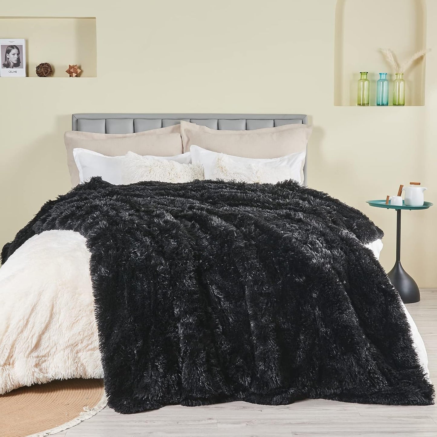 GONAAP Fuzzy Faux Fur Throw Blanket Black Super Soft Cozy Plush Fuzzy Shaggy Blanket for Couch Sofa Bed (Black, Throw(50"x60"))