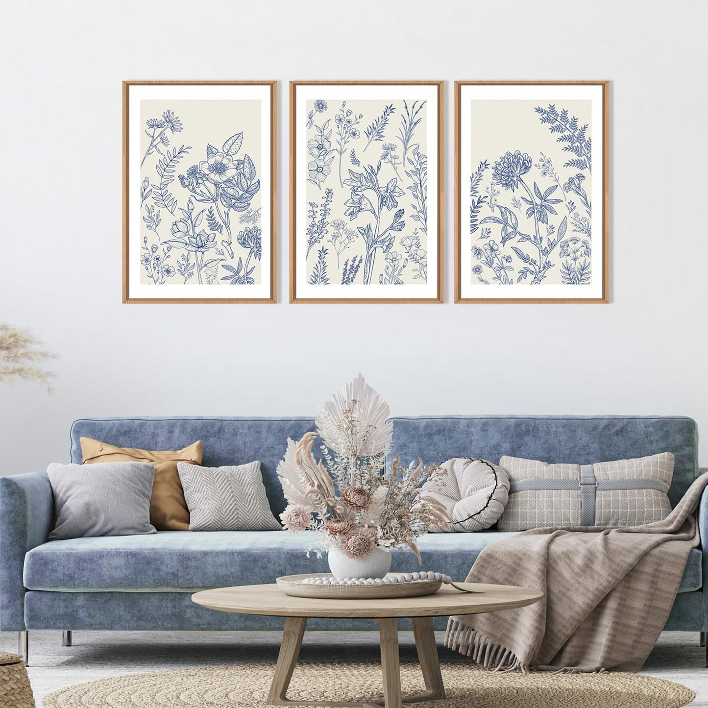 HPINUB Classic Chinoiserie Floral Framed Canvas Wall Art Set,Watercolor Blue and White Botanical Flowers Wall Decor,Navy Blue Minimalist Wildflower Art Print for Living Room,Bedroom,Office-16 x24 x3