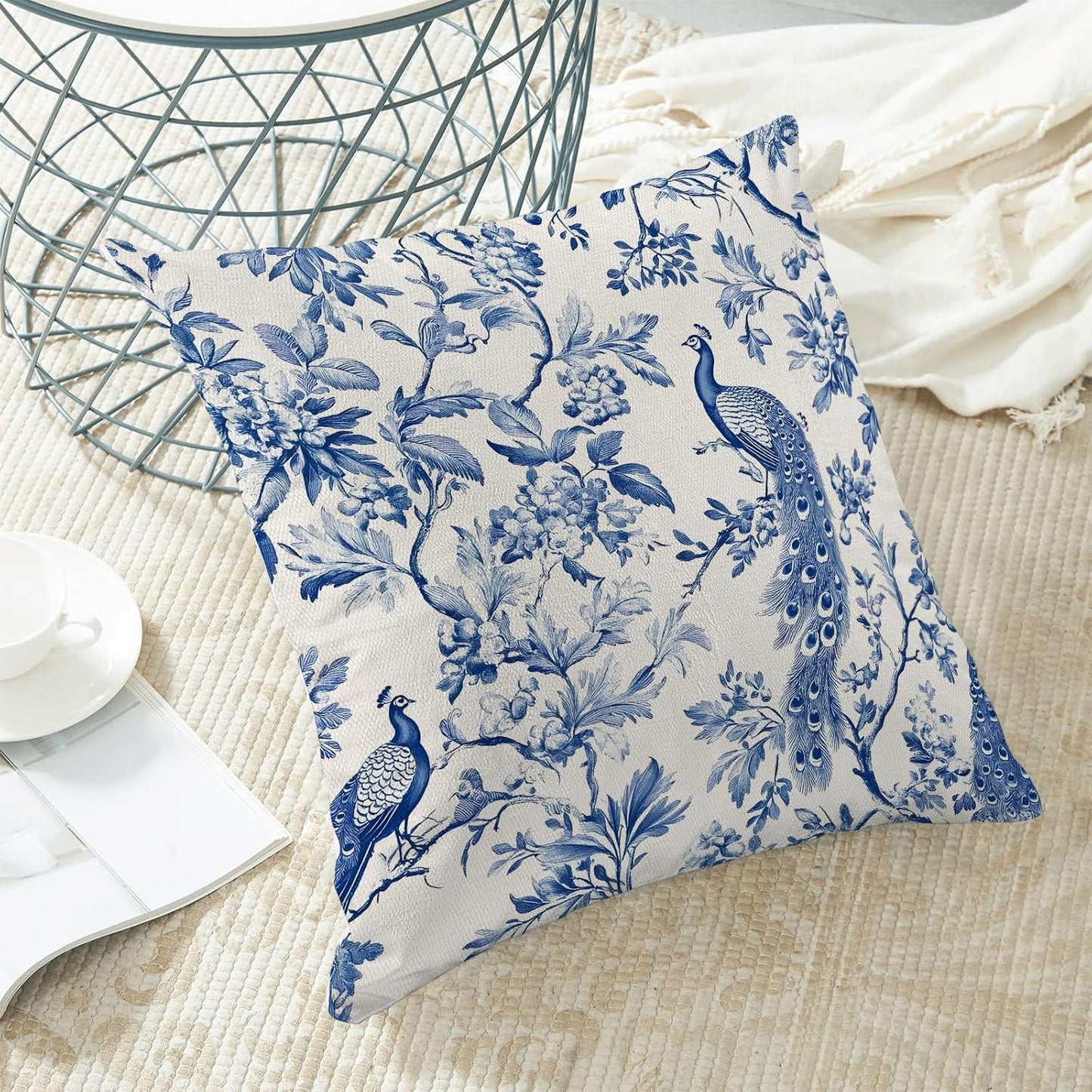 Navy Blue Spring Floral Pillow Covers 18 x 18 Inch Set of 2 for Chinoiserie Flowers Bird Decor Throw Pillows Vintage Plant Farmhouse Outdoor Decorative Cushion Cases for Couch Bed Decorations