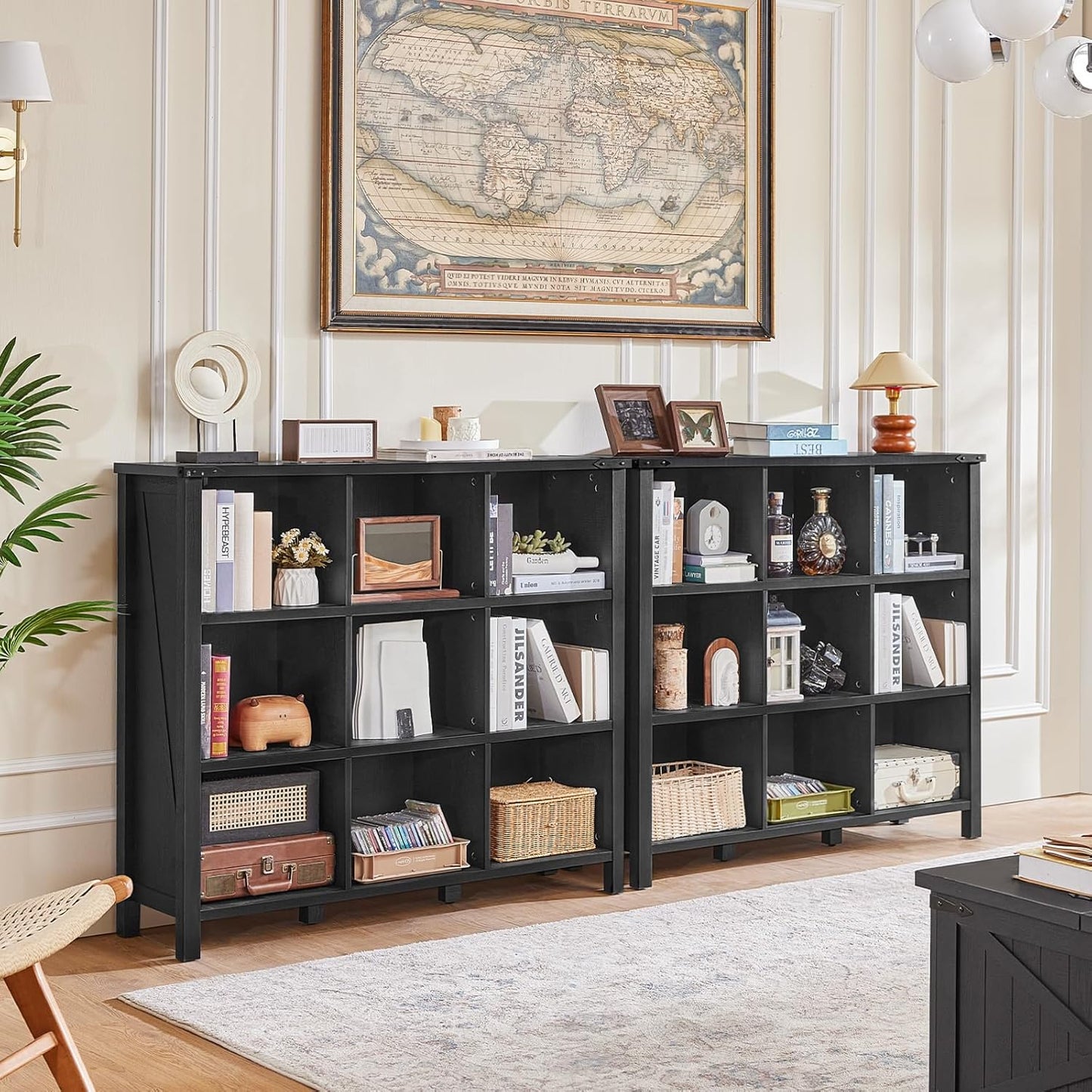 9 Cube Bookcase, Farmhouse 47 Inch Wide Black Bookshelf, Wooden 3 Tier Display Large Open Book Shelf, Vintage Horizontal Book Case for Home Office, Cubby Storage Cabinet for Living Room