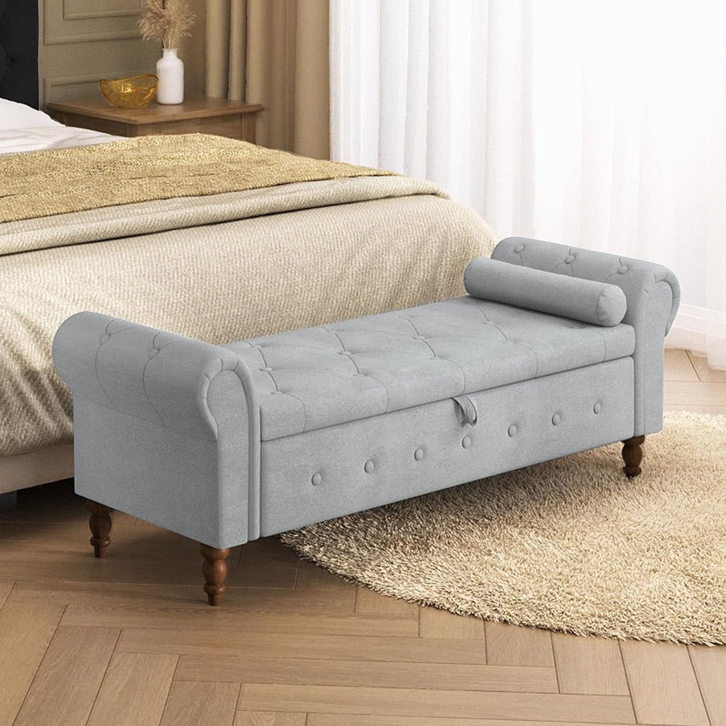 Storage Ottoman Bench for Bedroom, 63" End of Bed Bench with Rolled Arms Upholstered Ottoman Bench Fit for Bedroom, Living Room, Entryway, Velvet Light Gray
