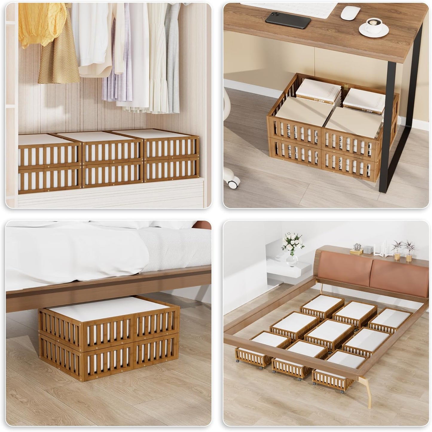 Bamboo Under Bed Storage with Wheels (2-Pack) – Rolling Underbed Shoe Organizer Box for Shoes, Blankets, Toys, Clothes Container Space-Saving Organizer Bins for Bedroom, Closet, Dorm, Nursery