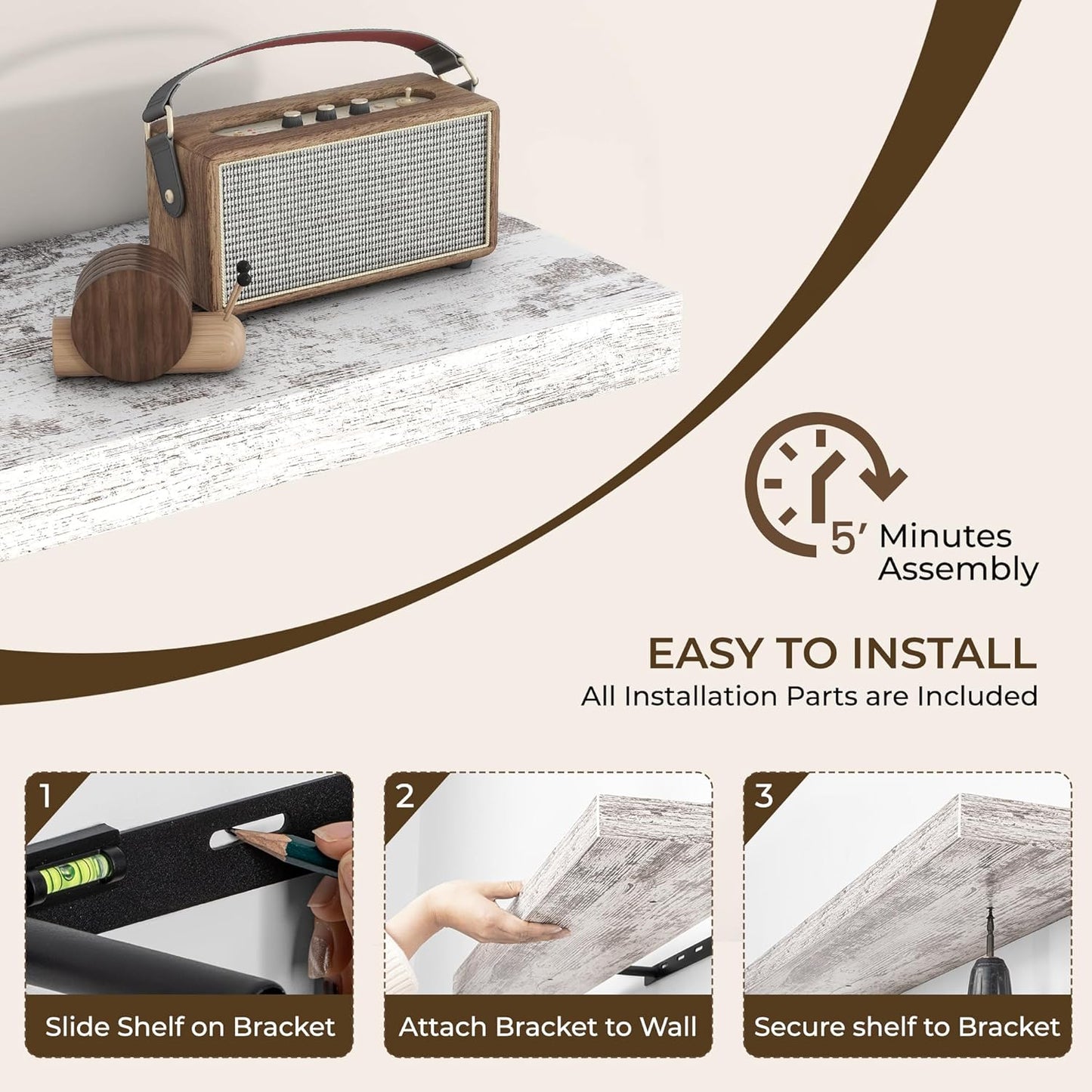 RICHFOCUS 55Inch Floating Shelves for Wall 2 Pack Shelves for Bedroom|Kitchen|Bathroom Wall Mounted Rustic Distressed Wood Floating Shelf with Invisible Brackets for Books|Storage|Decor, Rustic