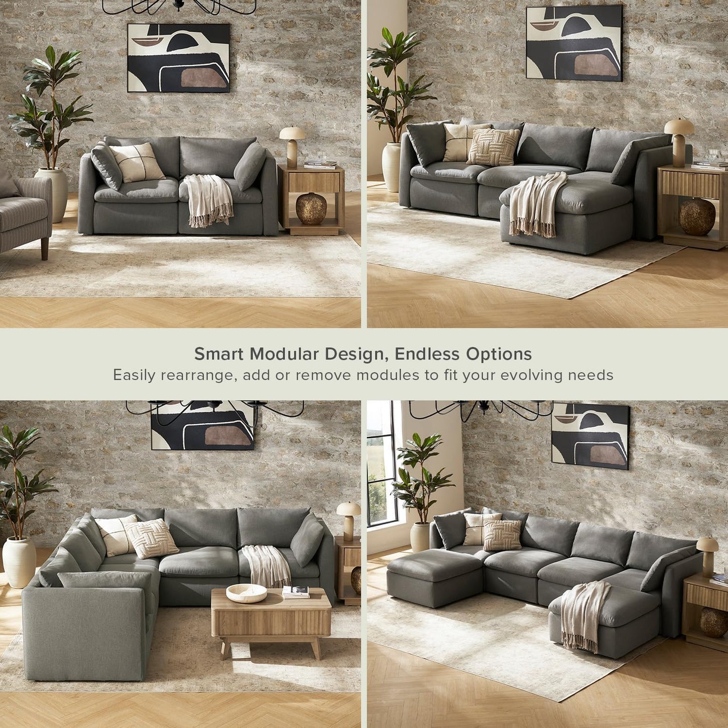 mopio Oversized Modular Sectional Sofa with Fully Removable Covers and Storage, Convertible U, L-Shaped and Sleeper Sectional, Modern Couches with Ottoman Chaise (Stone Gray Fabric, Loveseat)